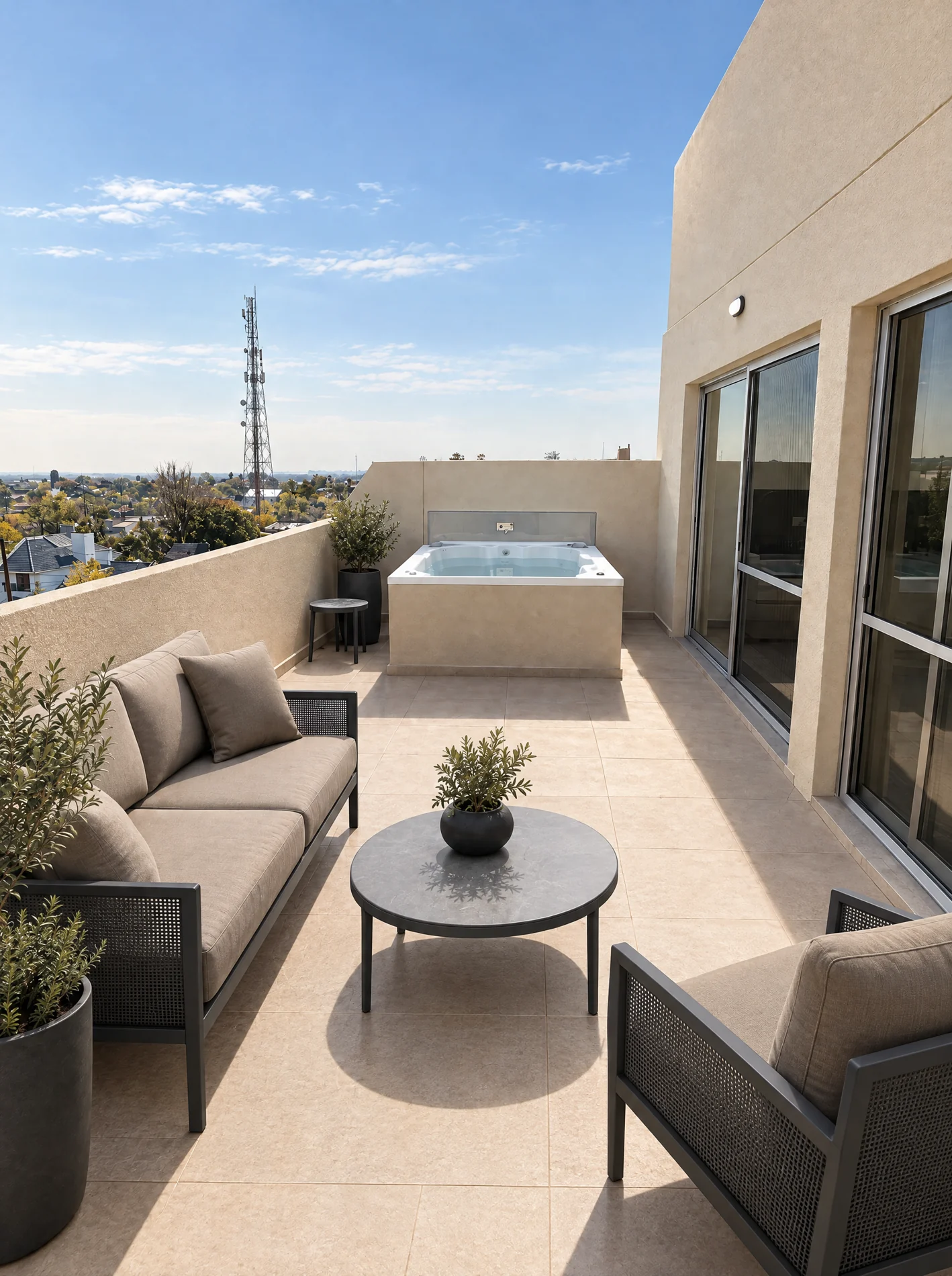 Terraza con jacuzzi y espacio de estar exterior