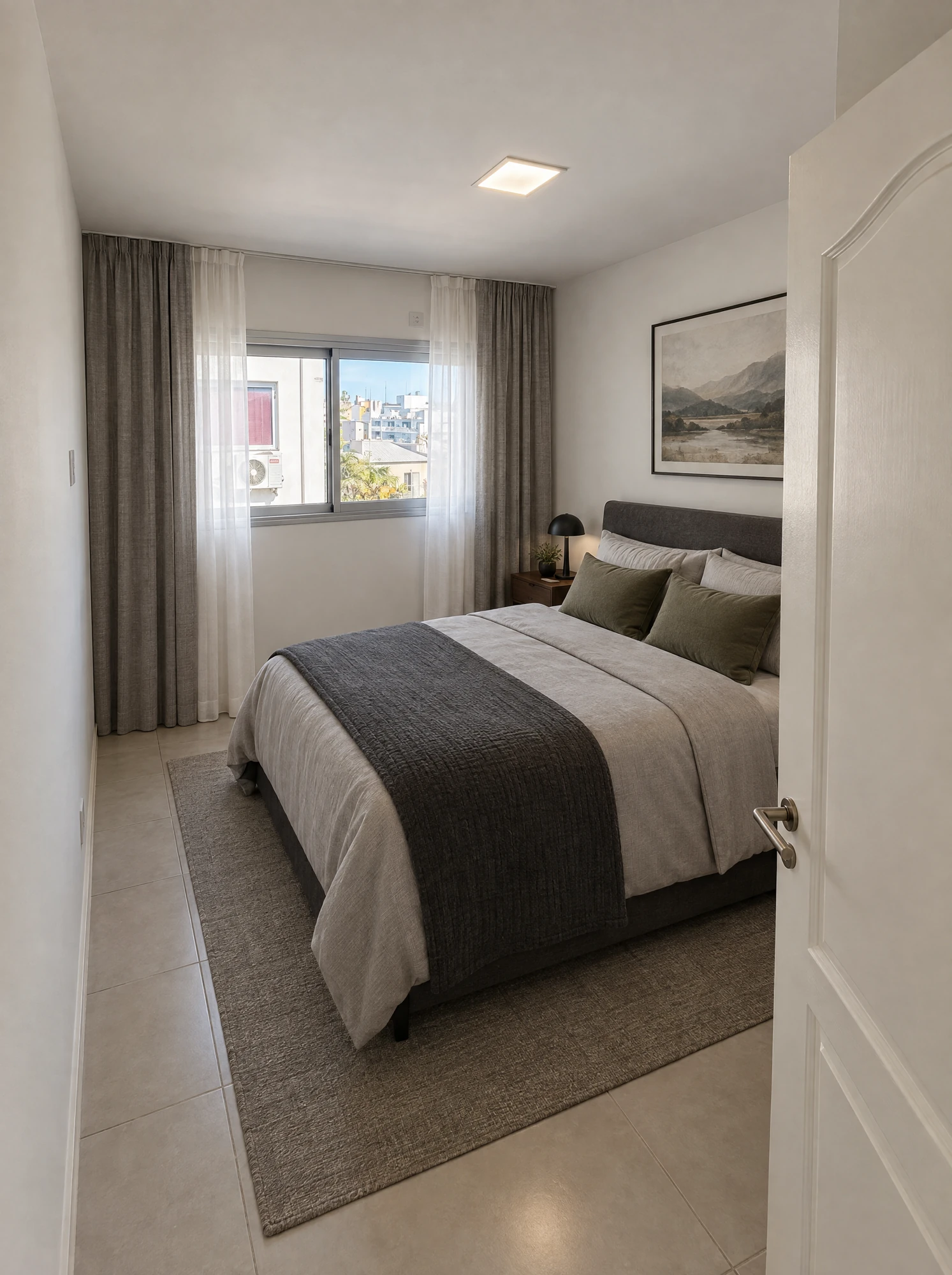 Segundo dormitorio con ventana, cortinas y ambientación en tonos neutros