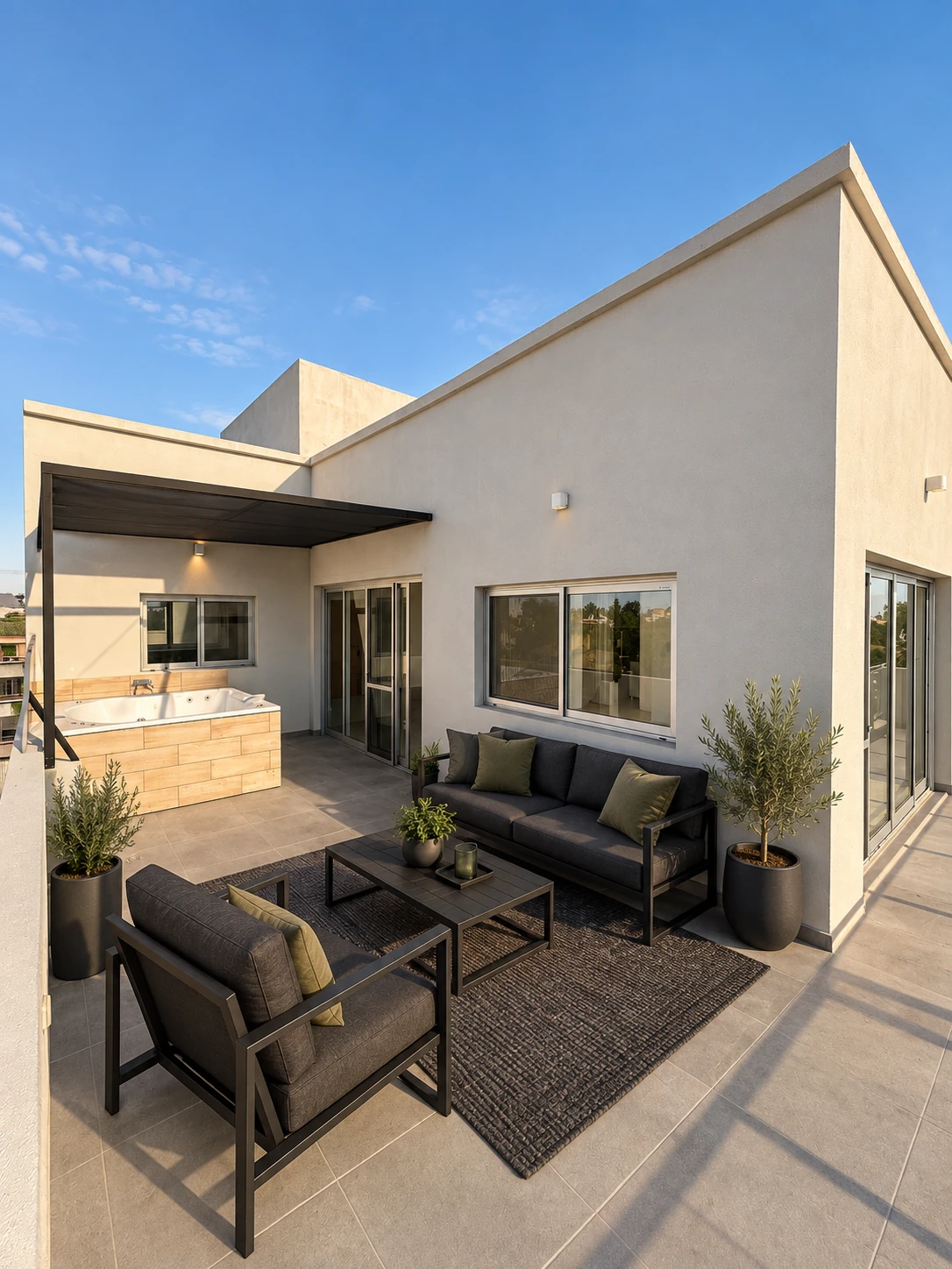 Terraza con jacuzzi, toldo y propuesta de estar exterior