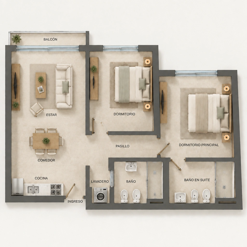 Plano de Güemes de 3 ambientes con dos dormitorios, dos baños, cocina, comedor, estar, lavadero y balcón