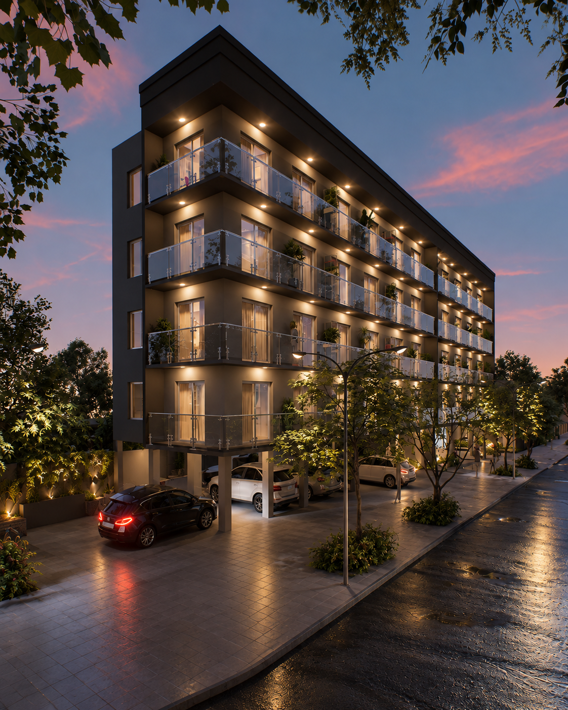 Güemes, fachada sobre el boulevard al atardecer