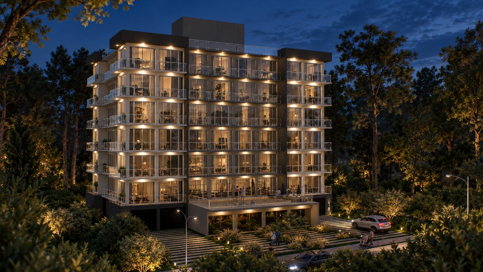 Render nocturno conceptual del frente del edificio