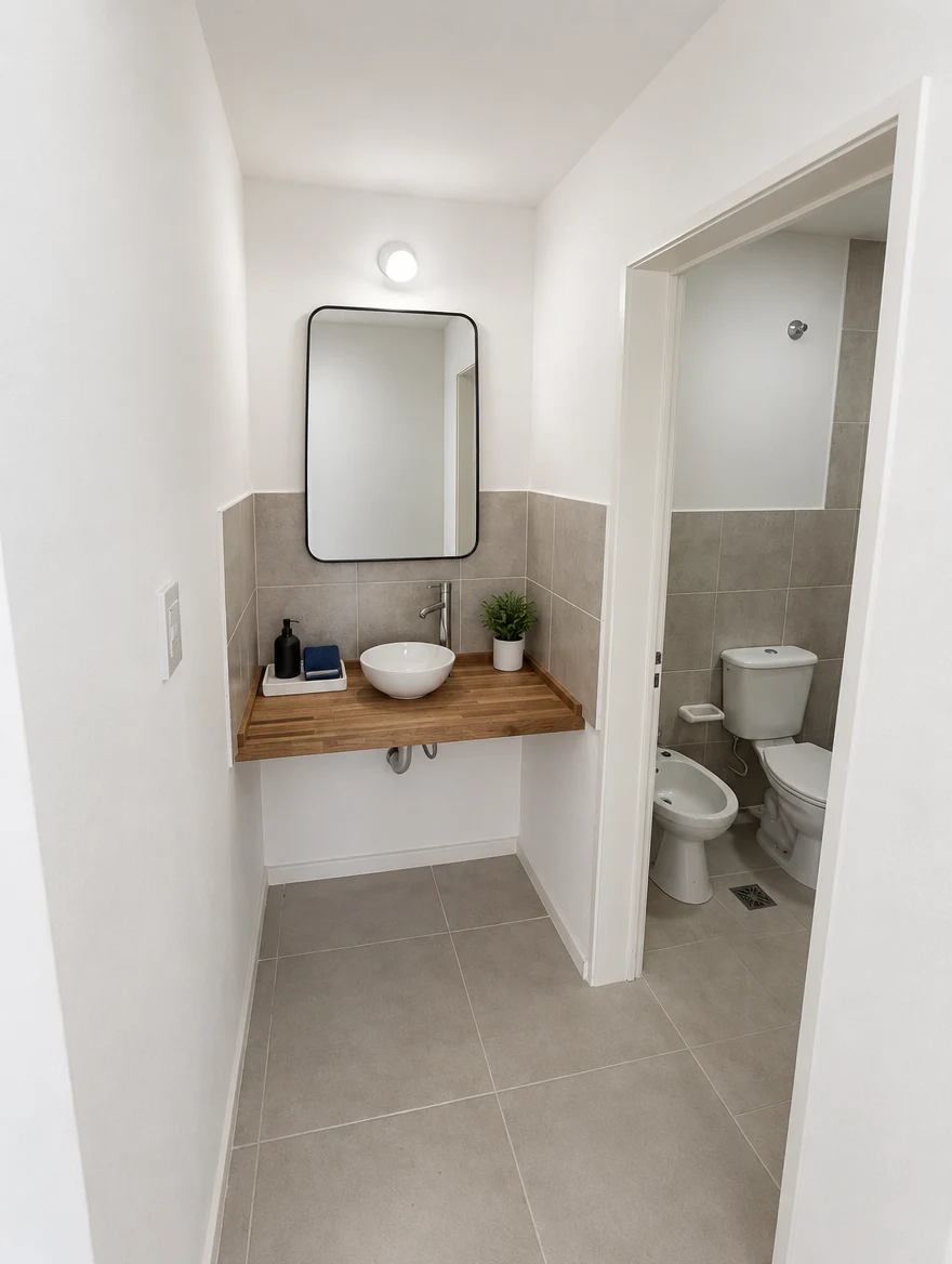 Antebaño con mesada de madera y espejo