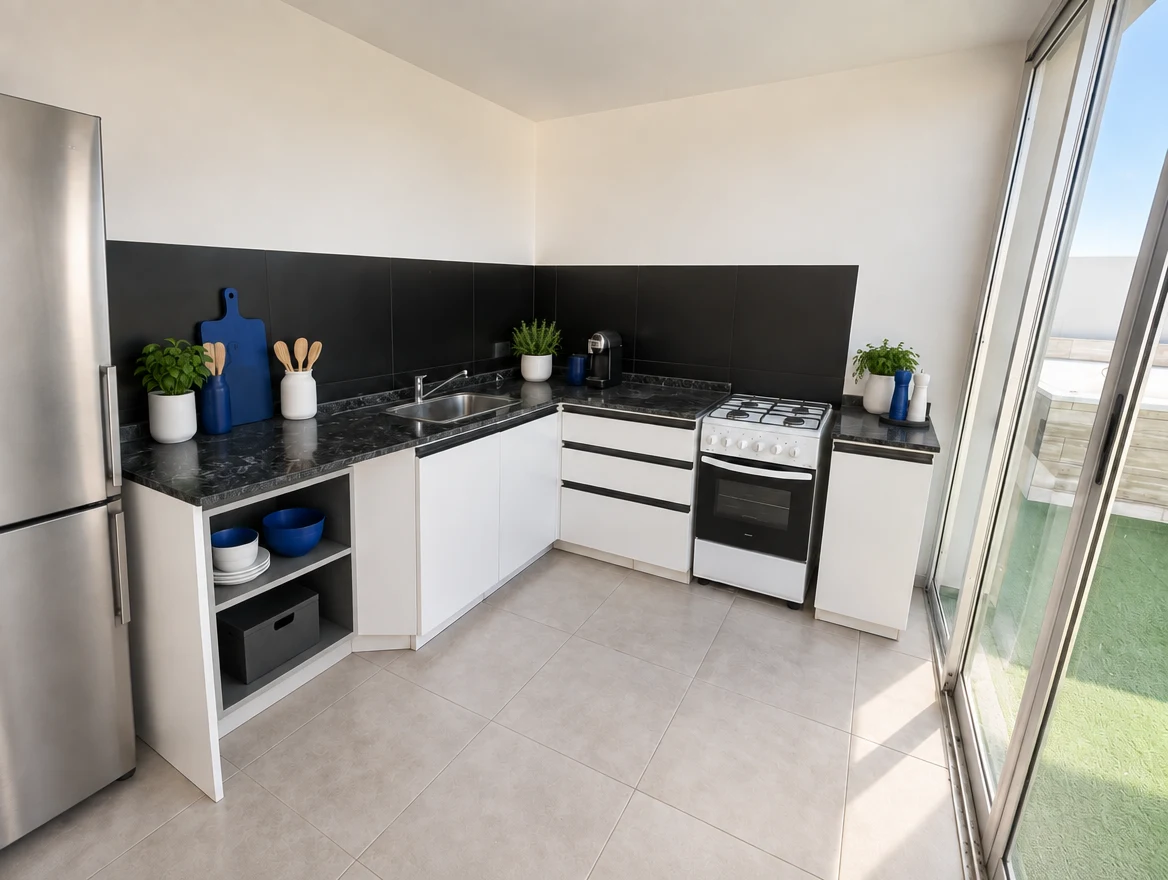 Cocina con muebles blancos y mesada oscura