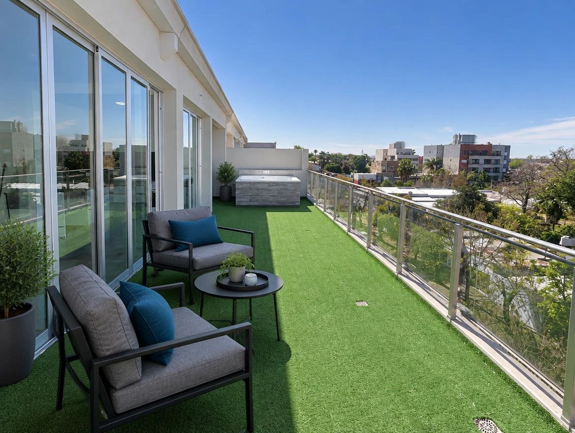 Terraza principal con sillones, baranda de vidrio y jacuzzi