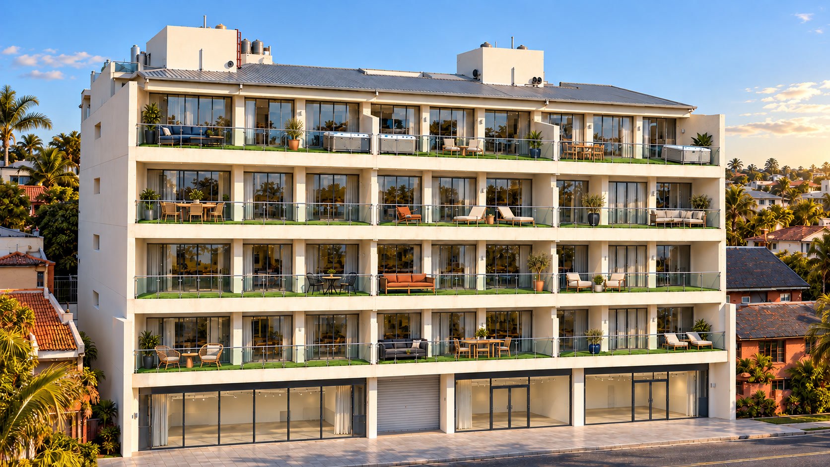 Edificio Lux en tres cuartos con luz cálida, techo de chapa y jacuzzis en las terrazas